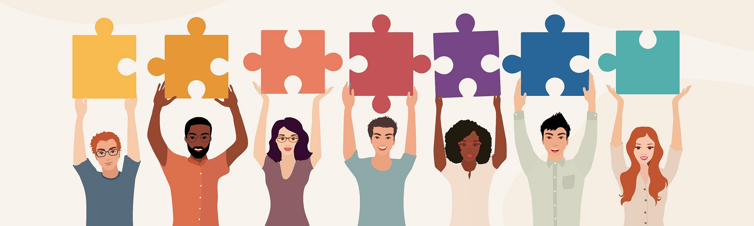 Illustration von vielfältigen Personen, die bunte Puzzleteile in die Höhe halten